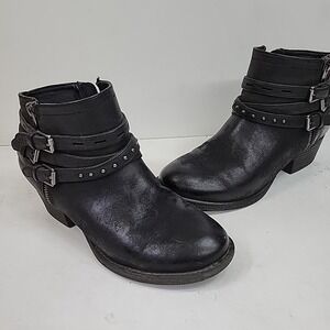 Somona Womens Ankle Boots Size 7.5 M Side Zip Black Strap & Buckles Comfy Bootie